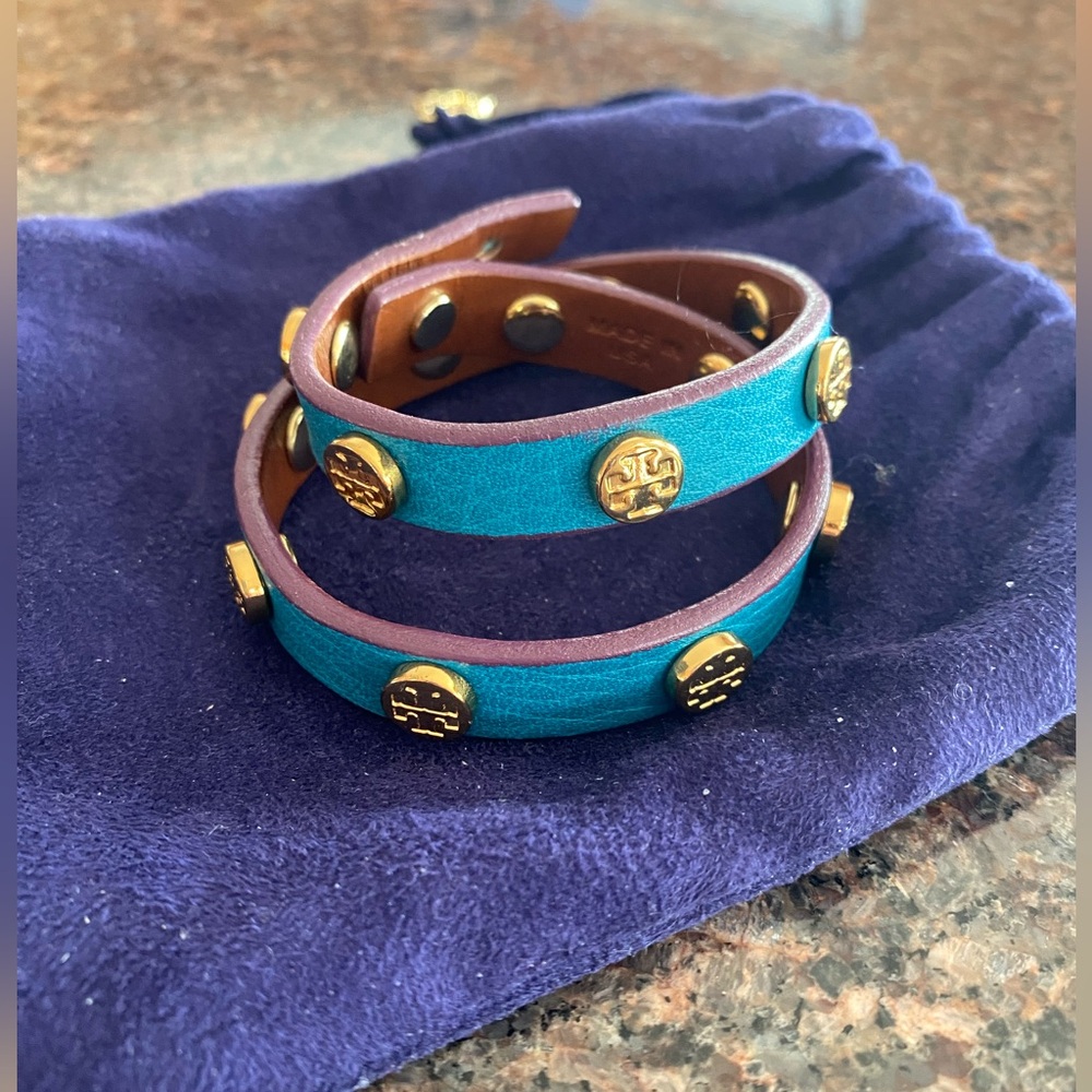 Tory Burch double wrap turquoise leather bracelet.